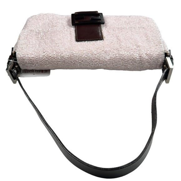 Fendi Baguette Pink Beaded Flap Silver Brown Leather Shoulder Purse