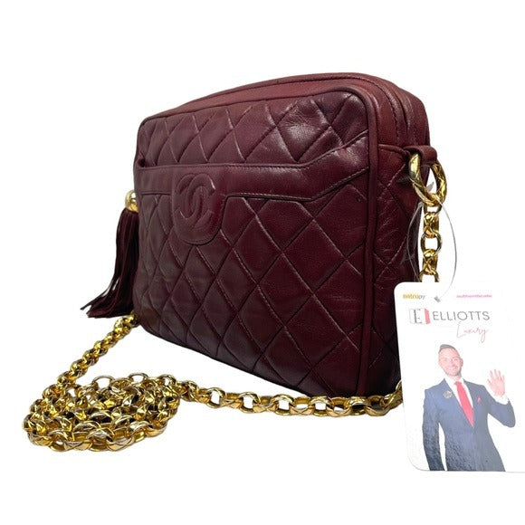 Chanel CC Lambskin Bordeaux Quilted Crossbody 24K Plated Chain Tassel Purse Bag