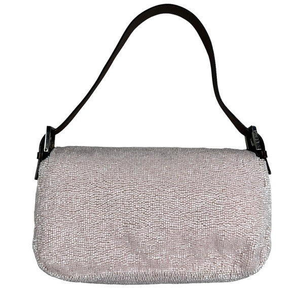 Fendi Baguette Pink Beaded Flap Silver Brown Leather Shoulder Purse
