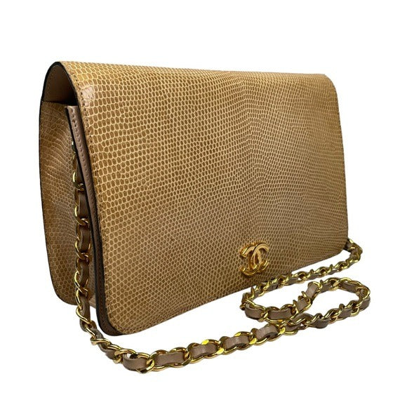 Chanel CC Exotic Lizard Single Flap 24K Plated Lambskin Snap Closure Purse Bag