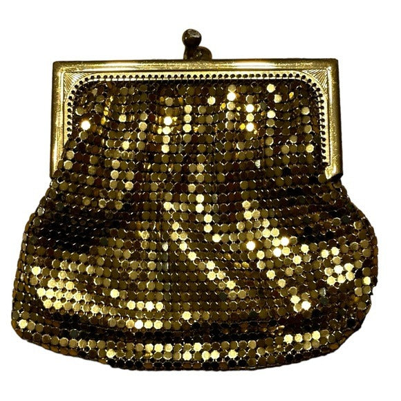 Whiting & Davis Mini Gold Metal Mesh Frame Rhinestone Kiss-Lock Coin Card Clutch
