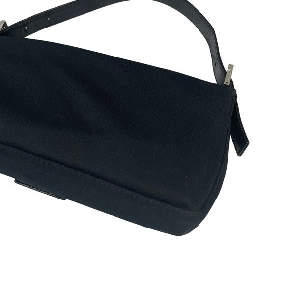 Fendi Black Satin Silver FF Baguette Flap Bag Purse Shoulder Leather Snap Clutch