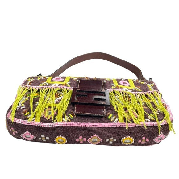 Fendi Brown Canvas Mirrored Beaded Fringe Leather Baguette Shoulder Purse