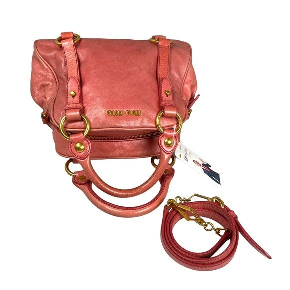 Miu Miu Pink Watermelon Gold Distressed Leather Crossbody Purse Zippy Bag Purse
