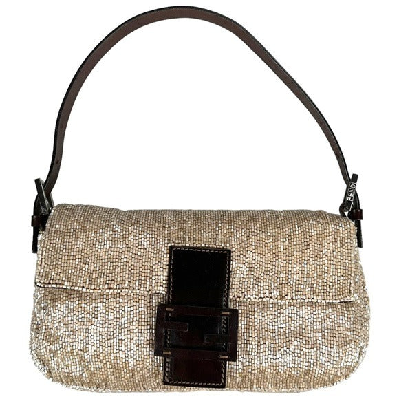 Fendi Champagne Beaded Baguette Brown Leather Strap Shoulder Purse