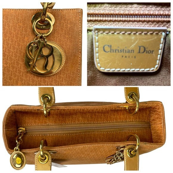 Christian Dior Lady Monogram Suede Tan Golden Handle Enamel Leather Top Handle