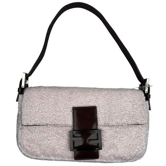 Fendi Baguette Pink Beaded Flap Silver Brown Leather Shoulder Purse