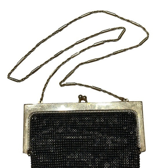 Whiting & Davis Black Gold Shoulder Metal Mesh Kiss-Lock Hollywood Regency Purse