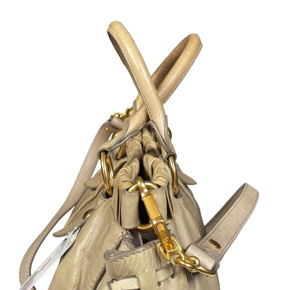 Miu Miu Rippled Gold Leather Shoulder Purse Two-Way Crossbody Zip Bag