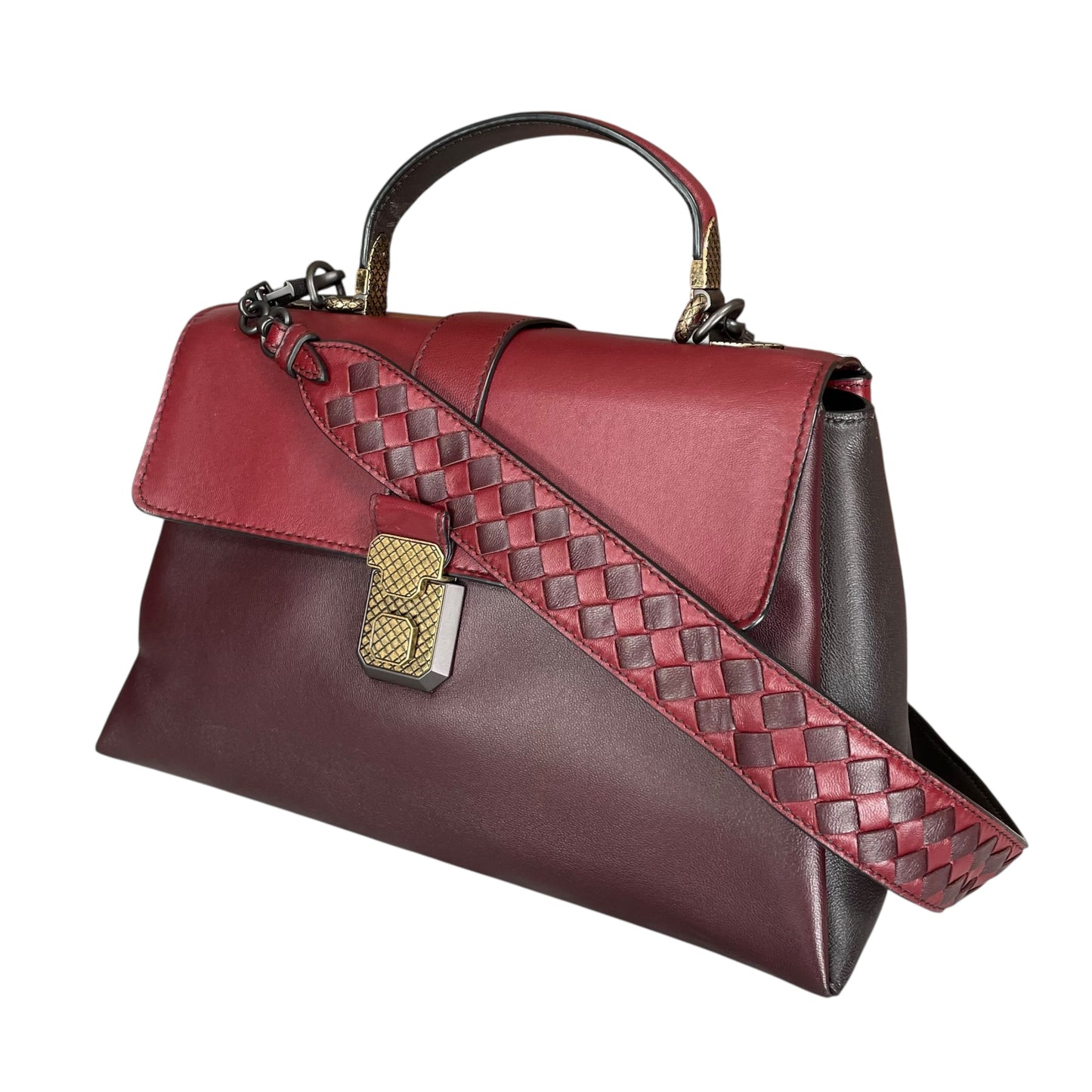 Bottega Veneta Piazza Tri-Color Leather Medium Top Handle Woven Strap Crossbody Purse