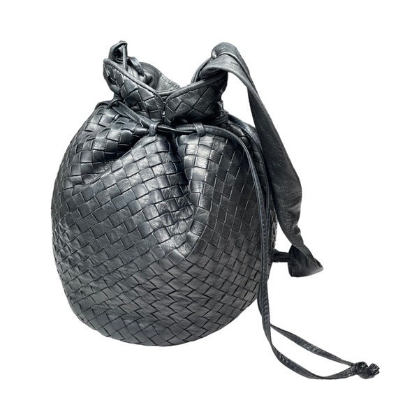 Bottega Veneta Black Leather Small Woven Round Drawstring Bucket Shoulder Purse