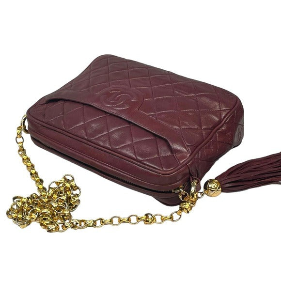 Chanel CC Lambskin Bordeaux Quilted Crossbody 24K Plated Chain Tassel Purse Bag