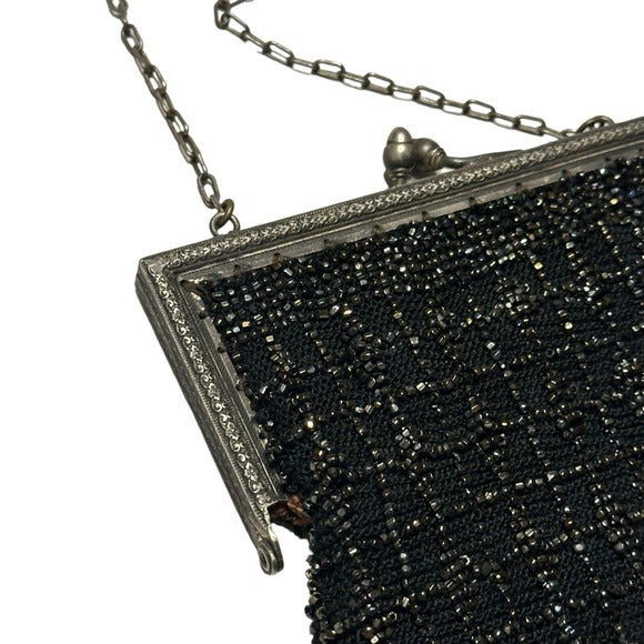 Whiting Davis Sterling Plated Black Kiss-Lock Evening Beaded Wovens Mesh Clutch