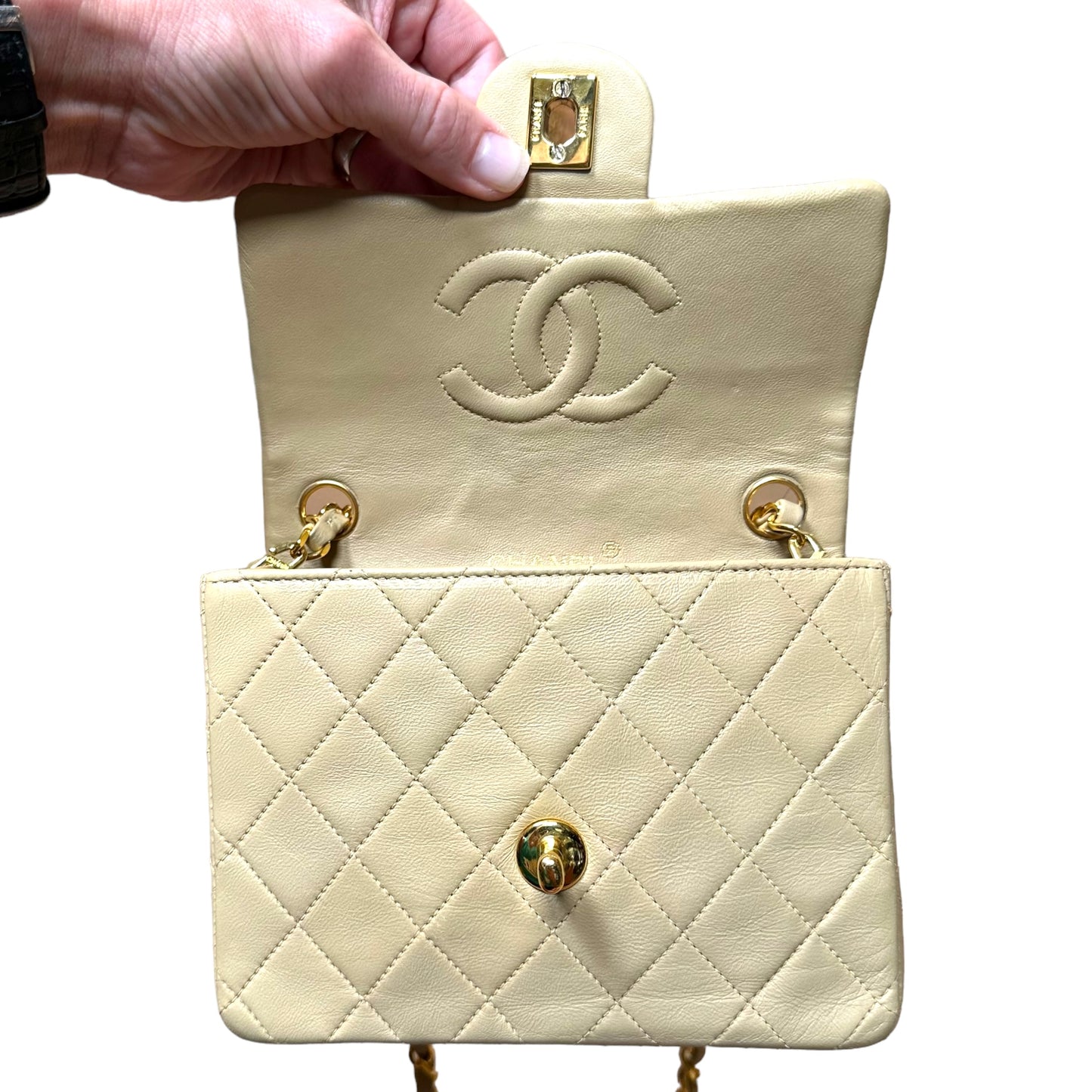 Chanel CC 24K Mini Square Flip Beige Lambskin Gold Plated Hardware