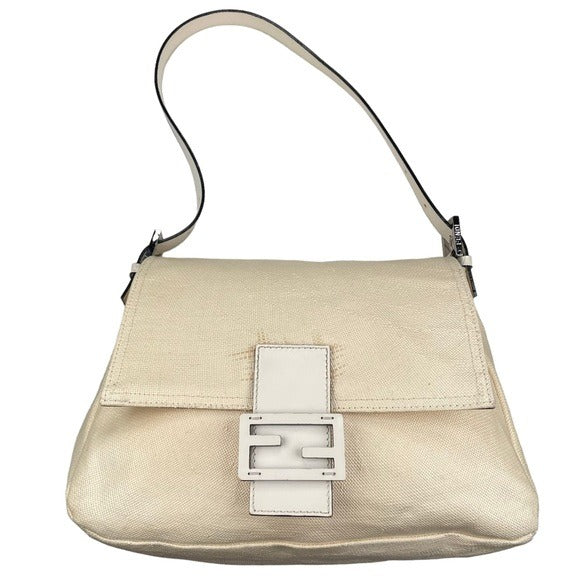 Fendi Mama Baguette Micro Woven Canvas White Strap Leather Logo