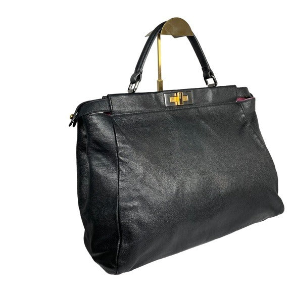 Fendi Black Leather Large Peek-A-Boo Exotic Turn-Key Top Handle Purse To…