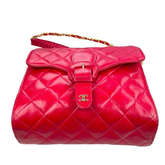 Chanel CC Red Flap Buckle Front Over Snap Quilted Lambskin Shoulder Purs…