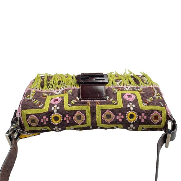 Fendi Brown Canvas Mirrored Beaded Fringe Leather Baguette Shoulder Purse