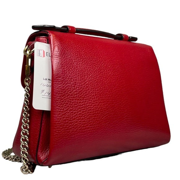 Gucci GG Red Flip Clip Closure Flap Pebbled Leather Gold Chain Crossbody Purse