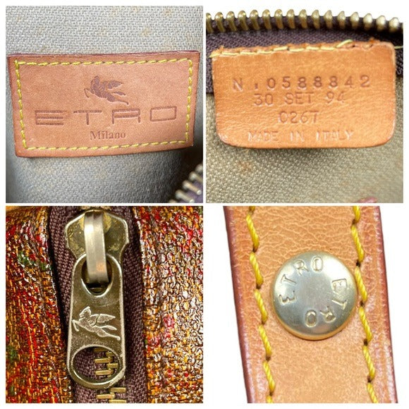 Etro Paisley Canvas Natural Leather Barrel Round Shoulder Bag Purse 10” x 4.5”