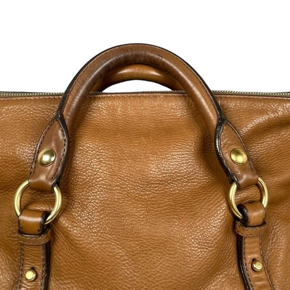 Miu Miu XL Crossbody Satchel Brown Brushed Gold Leather Bow Side Purse Hobo Bag