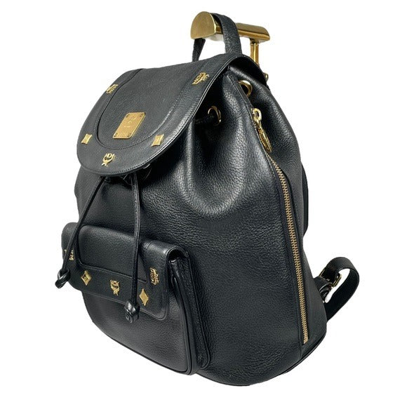 MCM Black Calf Leather Pebbled Gold Plated Multi Stud Flap Drawstring Backpack