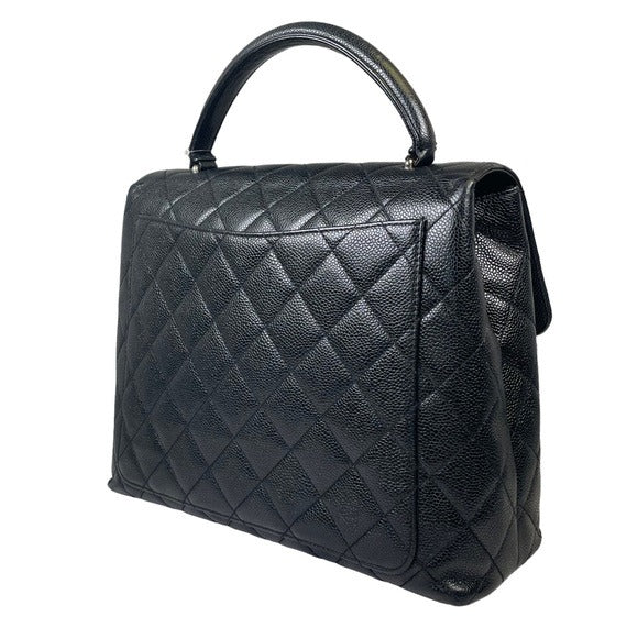 Chanel CC Silver Caviar Black Top-Handle Turn-Lock Kelly Leather Flap Satchel