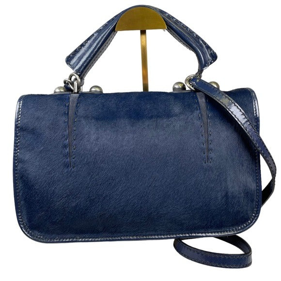 Fendi Selleria Calf Hair Navy Blue Messenger Gunmetal Flap Two Way Crossbody Bag