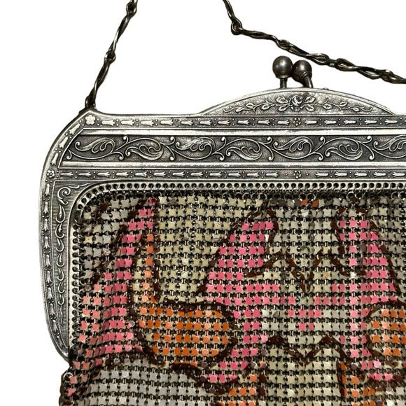 Whiting & Davis Med. Sterling Metal Mesh Plate Pink Orange Abstract Clutch Purse