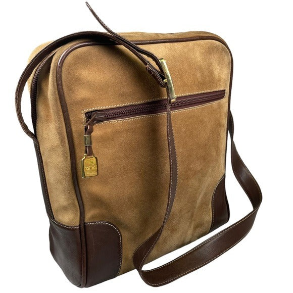 Loewe Leather Suede Brown Tan Zip Crossbody Everyday Casual Travel Bag Purse