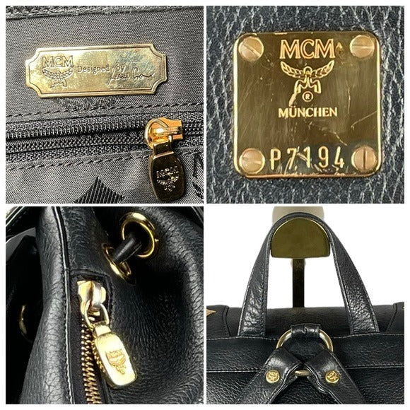 MCM Black Calf Leather Pebbled Gold Plated Multi Stud Flap Drawstring Backpack