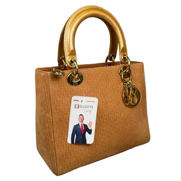Christian Dior Lady Monogram Suede Tan Golden Handle Enamel Leather Top Handle
