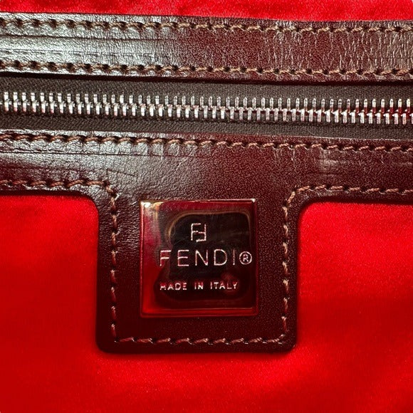 Fendi Red Metallic Baguette Beaded Brown Leather Strap Shoulder Flap Bag