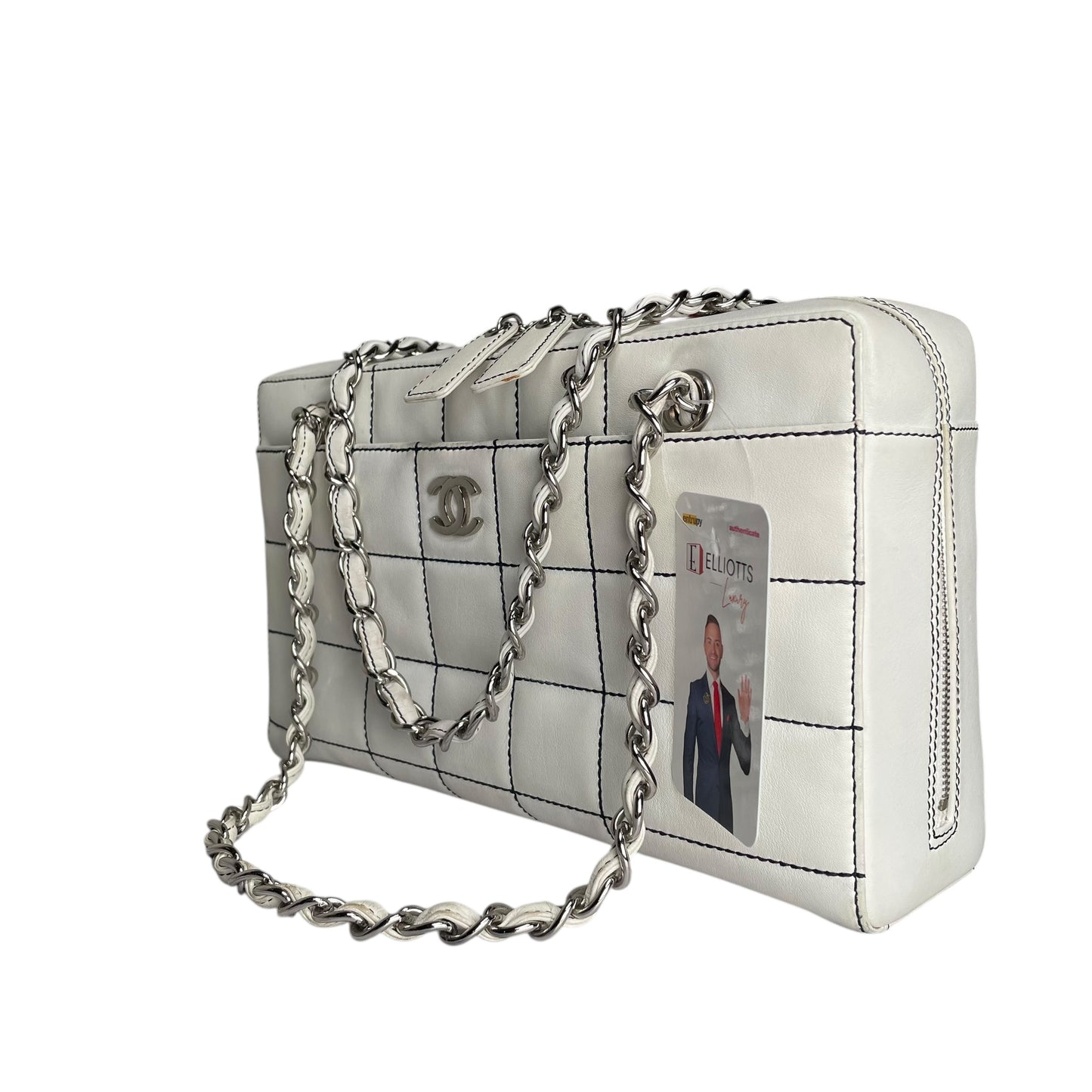 Chanel CC Timeless White Chocolate Bar Wildstitch Navy Blue SHW Shoulder Purse