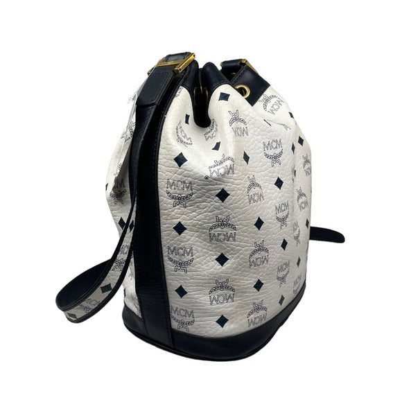 MCM Blue & White Viestos Coated Canvas Leather Drawstring Bucket Crossbody Bag Purse