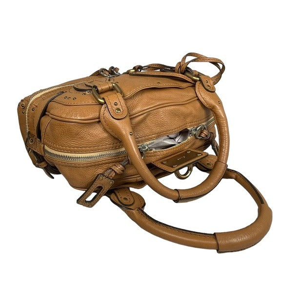 Chloe Tan Leather Paddington Medium Zip Boston Bag Tote Purse