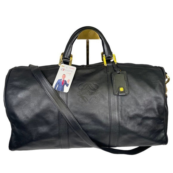 Loewe Leather Black Gold Zip Large Boston Duffel Keepall 50 Handle Travel Bag