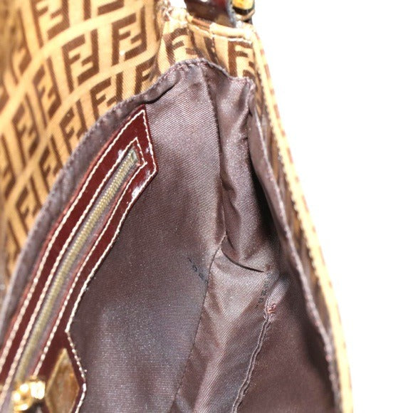Fendi Zucchino Coated Canvas Baguette Shoulder Leather Strap Bag Beige Purse