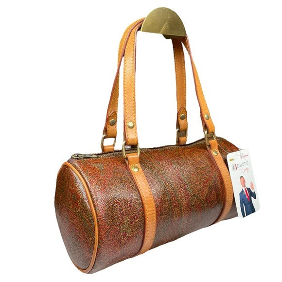 Etro Paisley Canvas Natural Leather Barrel Round Shoulder Bag Purse 10” x 4.5”