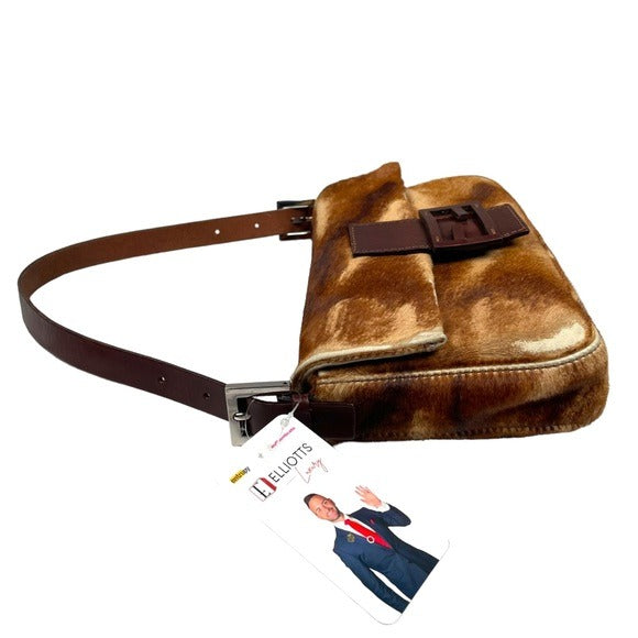 Fendi Calf-Hair Abstract Classic Baguette Shoulder Purse Flap Sterling Bag