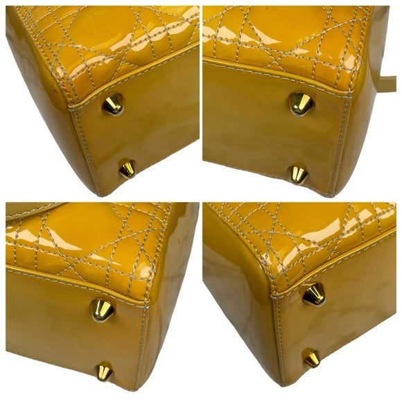 Christian Dior Lady Medium Patent Mustard Cannage Two-Way Top Handle Tote Purse