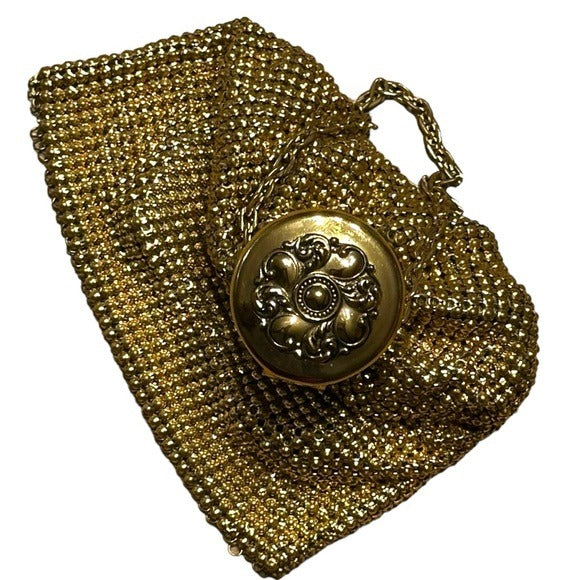 Whiting Davis Gold Expandable Metal Round Push Lock Closure Mini Clutch Purse