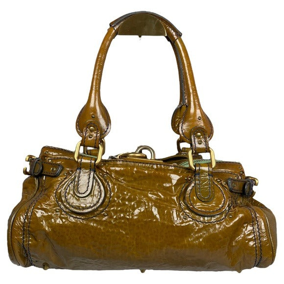 Chloe Bronze Blue Stitch Patent Leather Large Paddington Lock Shoulder Bag Tote