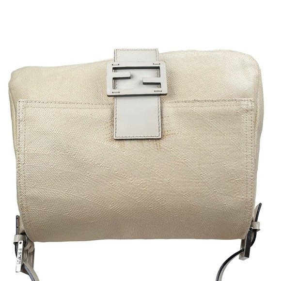 Fendi Mama Baguette Micro Woven Canvas White Strap Leather Logo