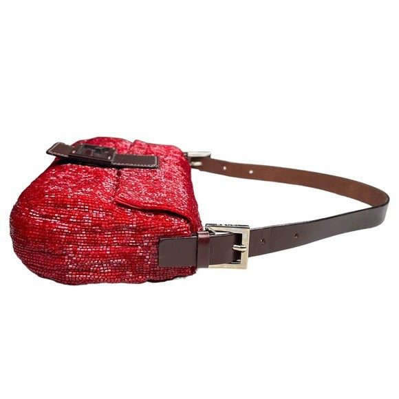 Fendi Red Metallic Baguette Beaded Brown Leather Strap Shoulder Flap Bag