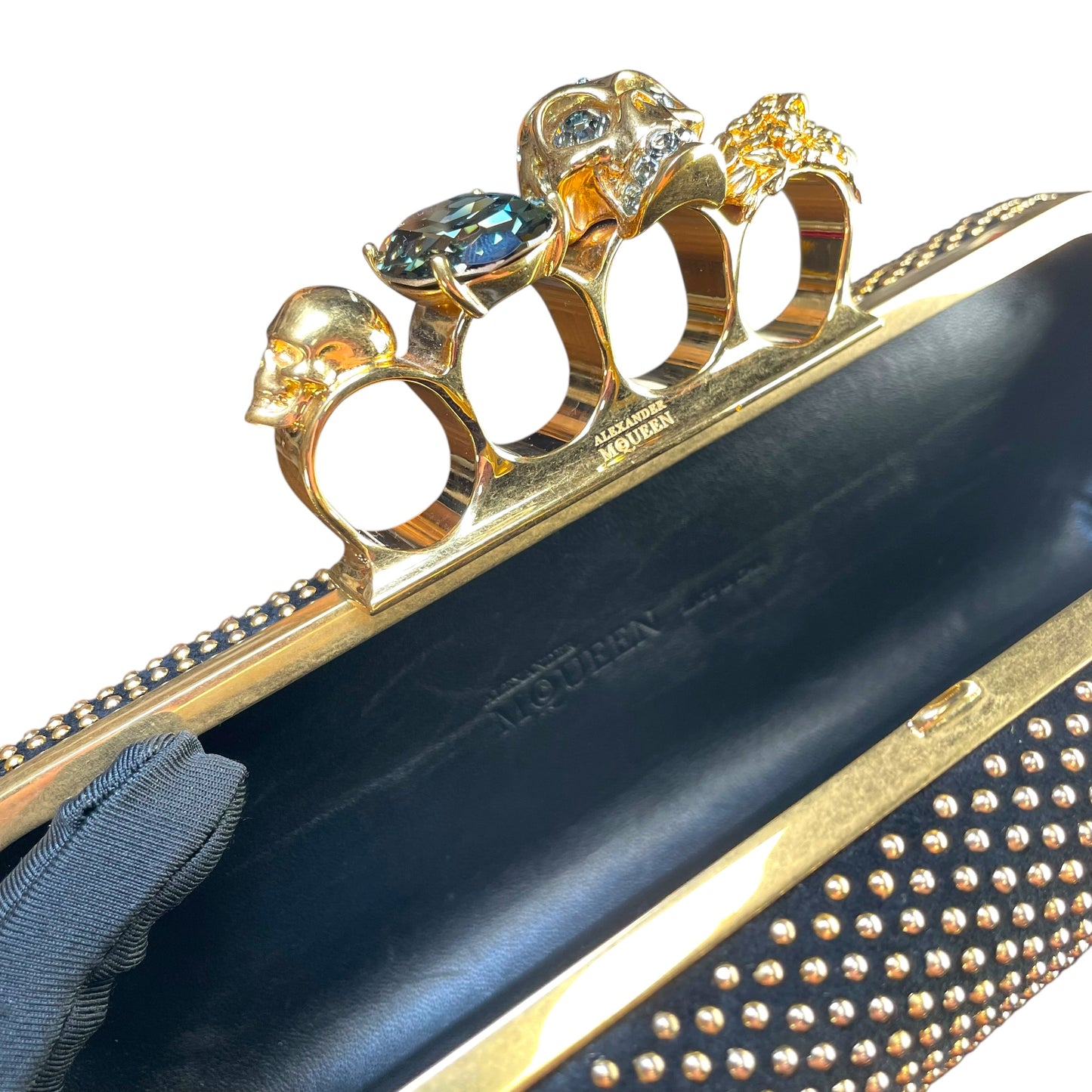 Alexander McQueen Crystal Studded Knuckle Clutch Skull Ring Blue Stone Bag