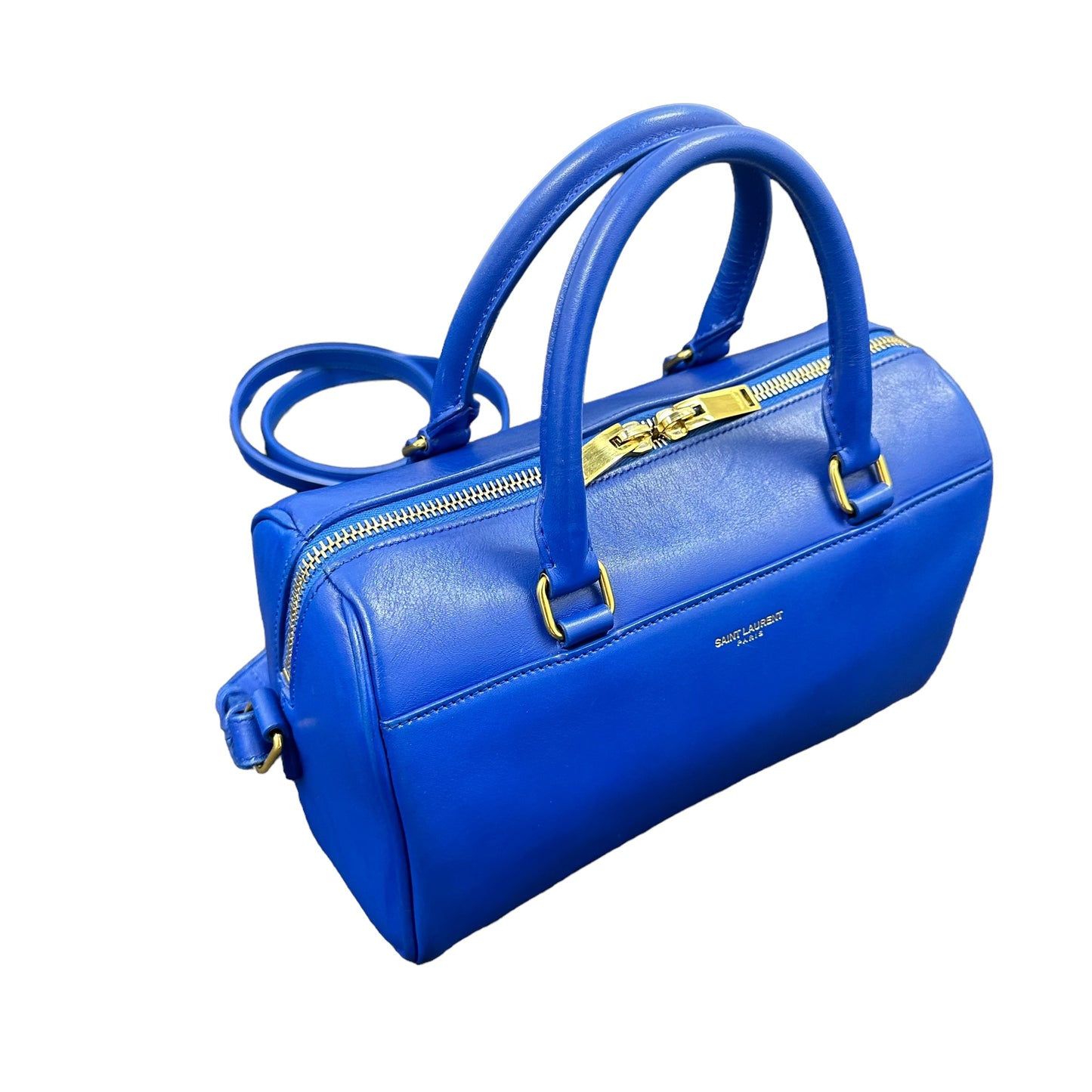 YSL Yves Saint Laurent Cobalt Blue Mini Calfskin Boston Two-Way Strap Speedy Bag