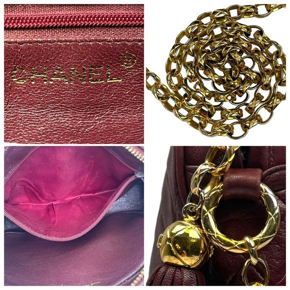 Chanel CC Lambskin Bordeaux Quilted Crossbody 24K Plated Chain Tassel Purse Bag