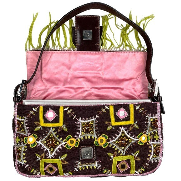 Fendi Brown Canvas Mirrored Beaded Fringe Leather Baguette Shoulder Purse