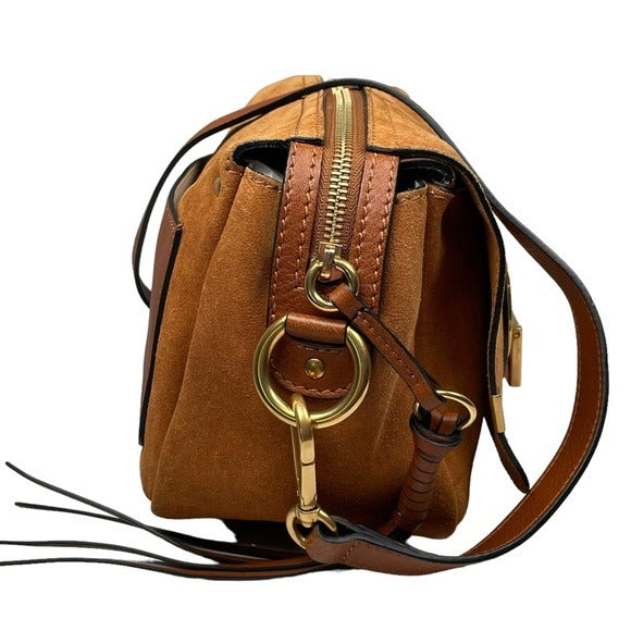 Chloe Classic Nubuck Suede Tan Brown Gold Zippy Shoulder Purse Bag Boxy Flap